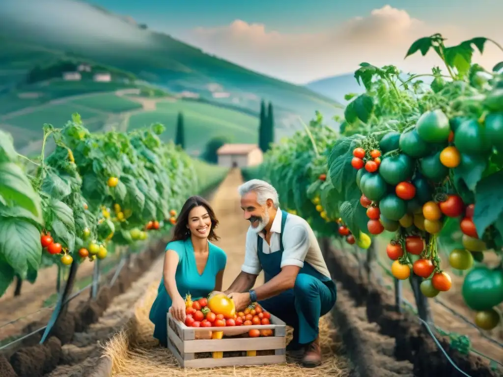 Una familia italiana multigeneracional recolecta tomates en un viñedo soleado, transmitiendo la conexión a la tierra y la alegría compartida