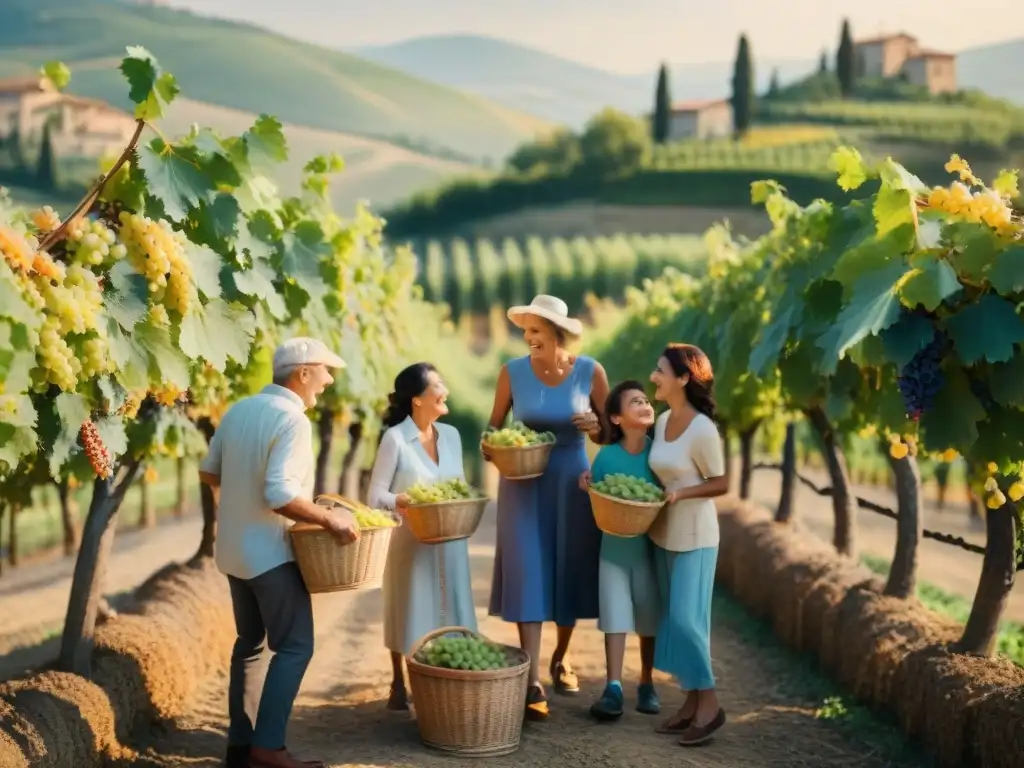 Una familia italiana multigeneracional cosechando uvas en un viñedo de la Toscana