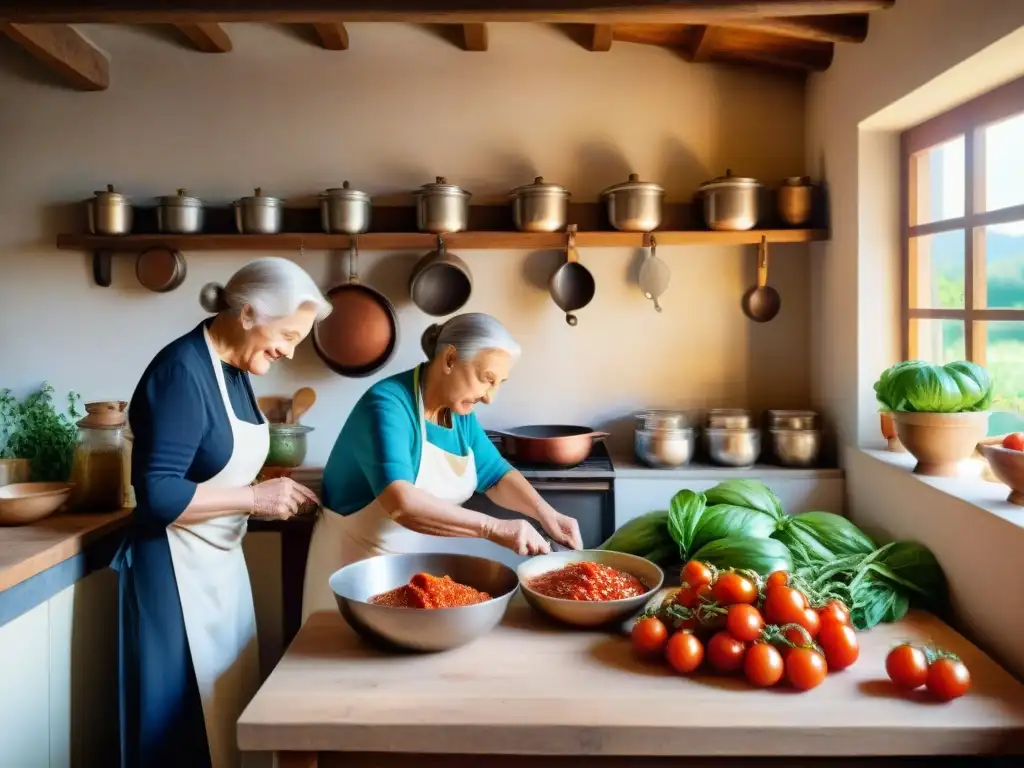 Una familia italiana preparando salsa casera en una cocina tradicional, evocando la evolución de la conservación de alimentos en Italia