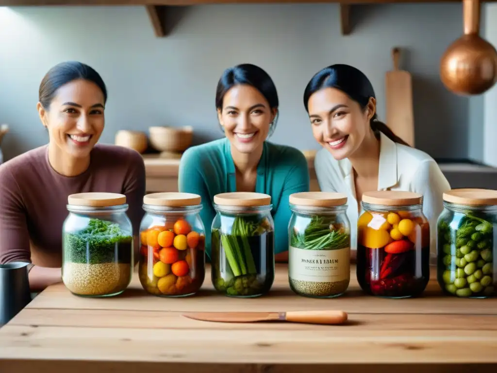 Una familia italiana sonriente fermentando vegetales en cocina sostenible