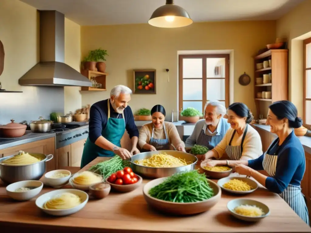 Una familia italiana tradicional cocina junta en una acogedora cocina, transmitiendo amor y tradición culinaria