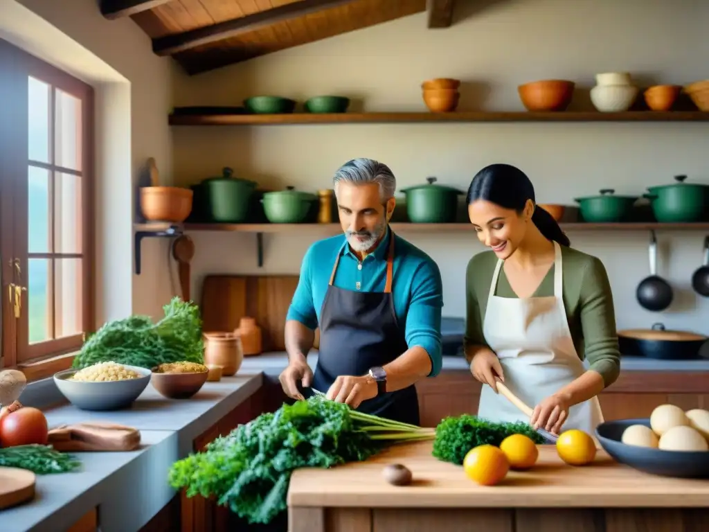 Una familia italiana tradicional cocina con kale fresco en una cocina rústica, evocando los beneficios del kale en Italia