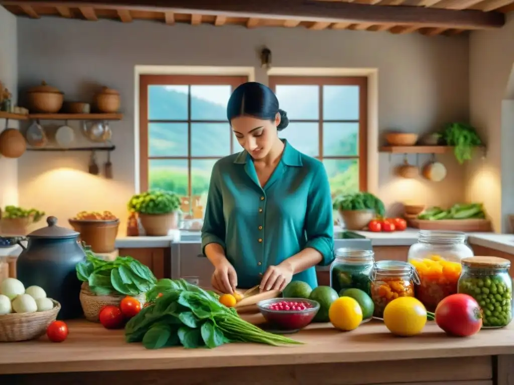 Una familia italiana tradicional preparando conservas gourmet en una cocina rústica con vegetales frescos