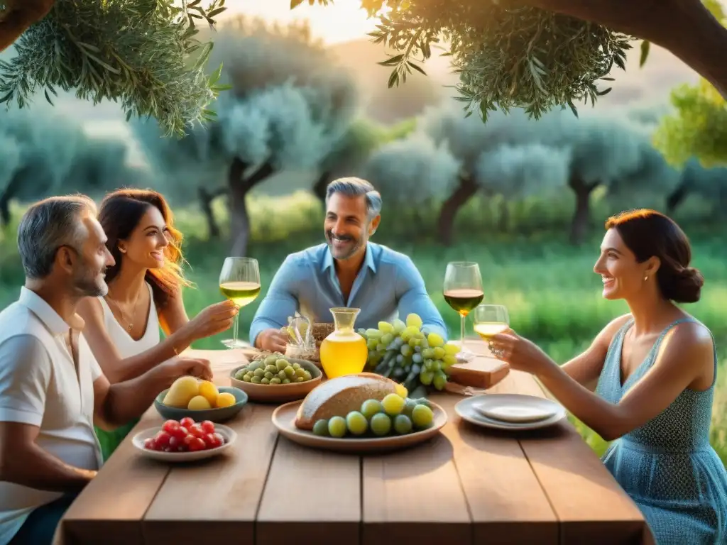 Una familia italiana tradicional disfruta de una cena al aire libre bajo el sol dorado, rodeada de olivos