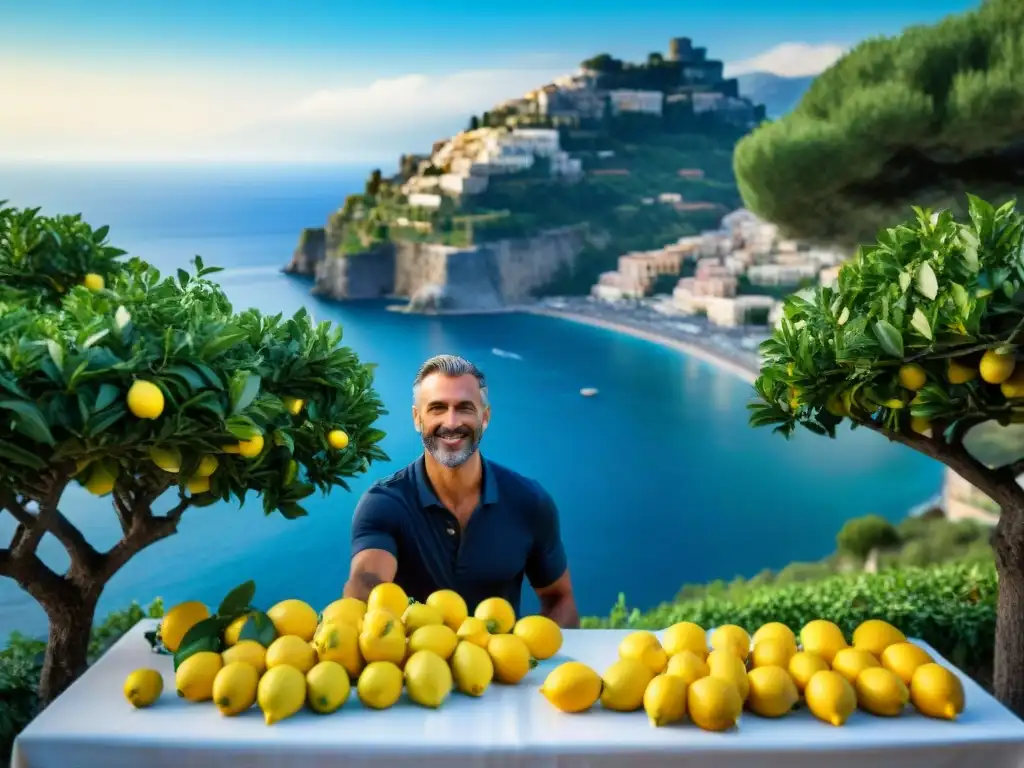 Una familia italiana tradicional recolecta limones en un vibrante huerto con vista a la costa Amalfitana