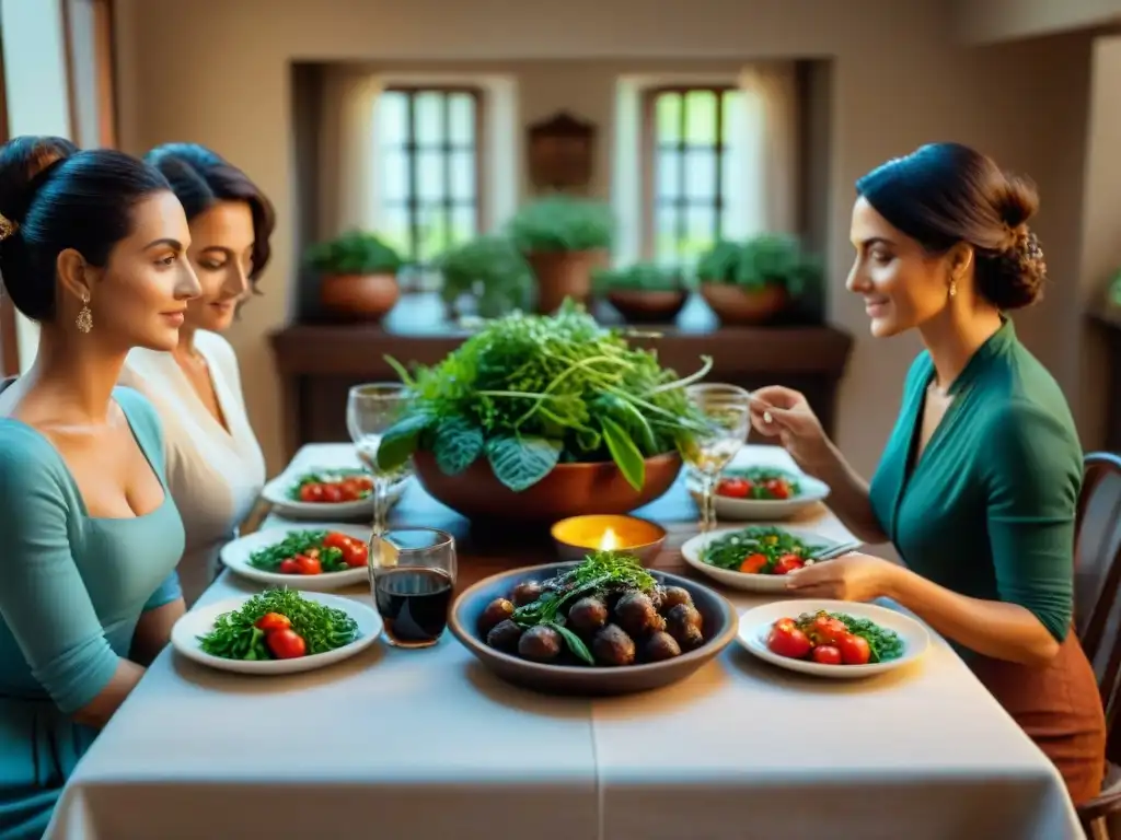 Una familia italiana tradicional se reúne alrededor de una mesa bellamente decorada con platillos y vinagre balsámico