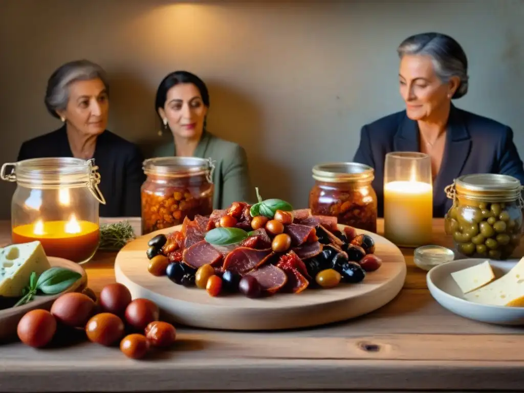 Una familia italiana tradicional se reúne alrededor de una mesa llena de alimentos conservados, iluminados por velas