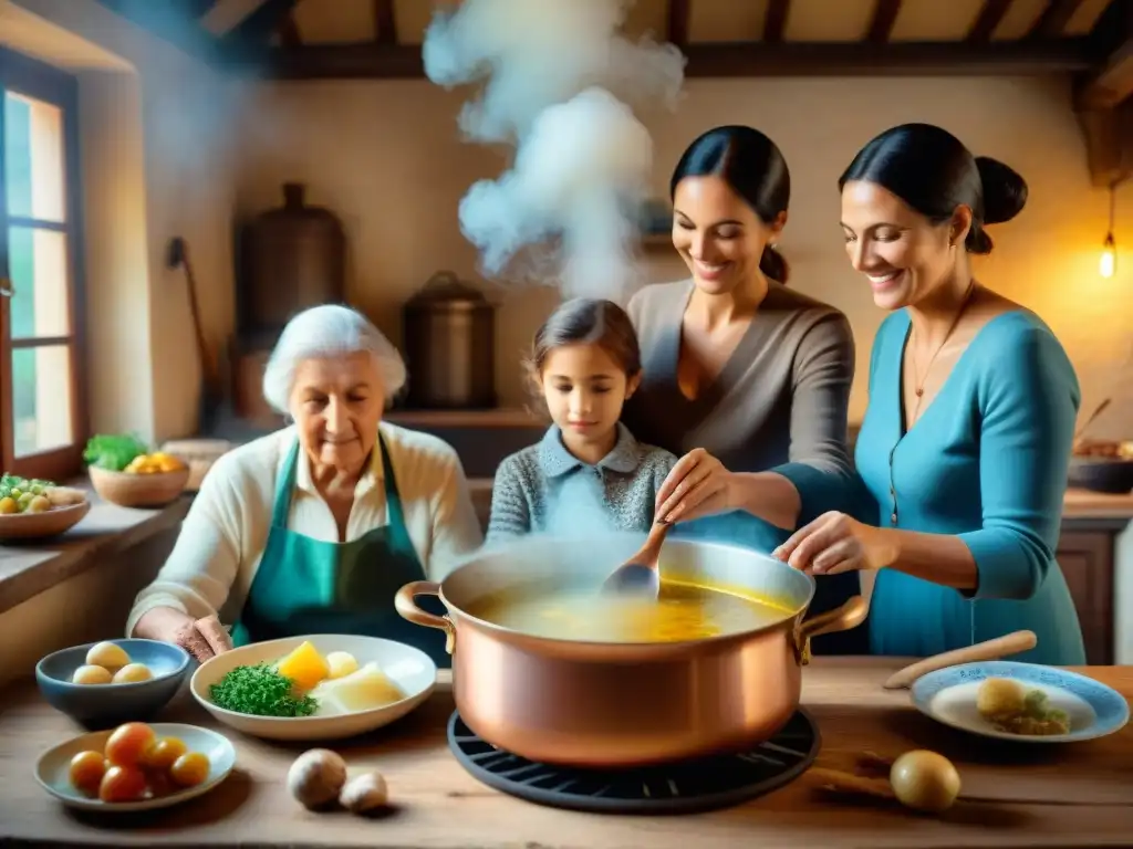 Una familia italiana tradicional se reúne alrededor de una olla de Bagna Cauda en una cocina rústica del norte de Italia