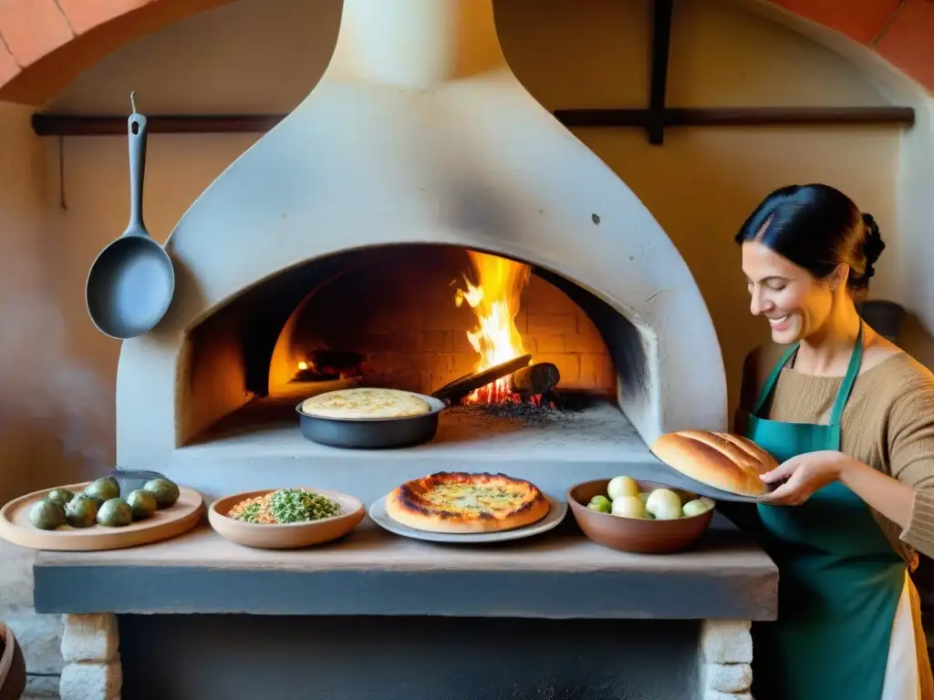 Una familia italiana tradicional preparando platos al horno de leña en un ambiente rústico y acogedor