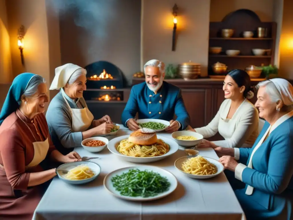 Una familia italiana tradicional comparte recetas antiguas en una cena