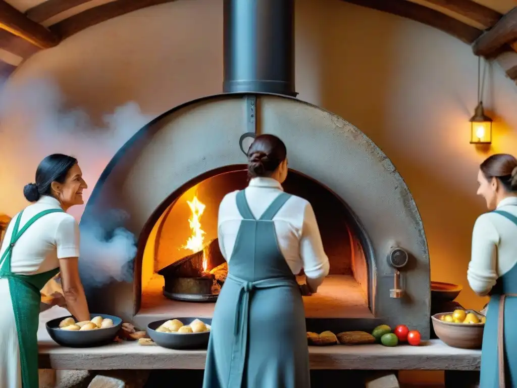 Una familia italiana tradicional reunida alrededor de un horno de leña en el campo