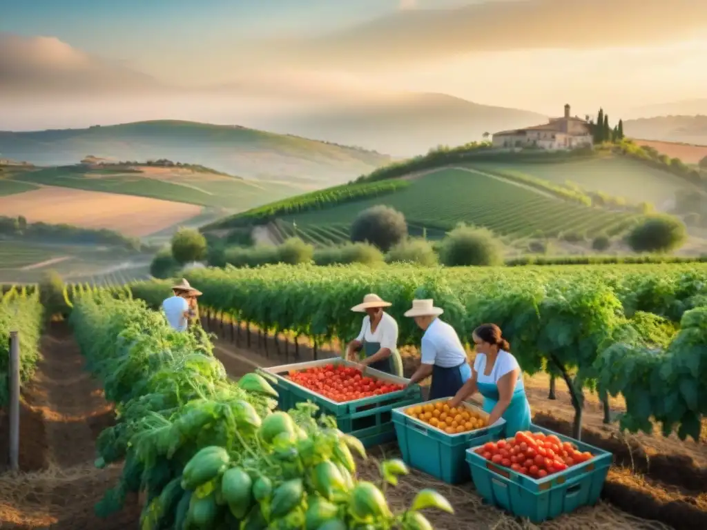 Una familia italiana tradicional cosechando tomates en un agroturismo bajo el cálido sol dorado