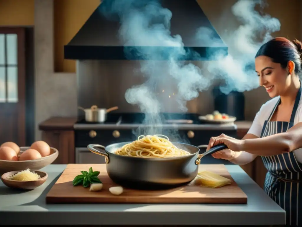 Una familia se reúne alrededor de una mesa de cocina rústica para disfrutar de la historia auténtica salsa carbonara tradicional