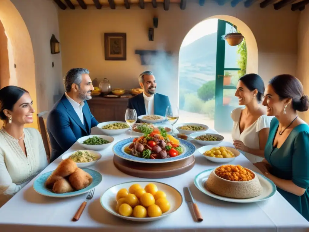 Una familia sarda disfruta de platos tradicionales en una granja italiana, creando un ambiente cálido y auténtico