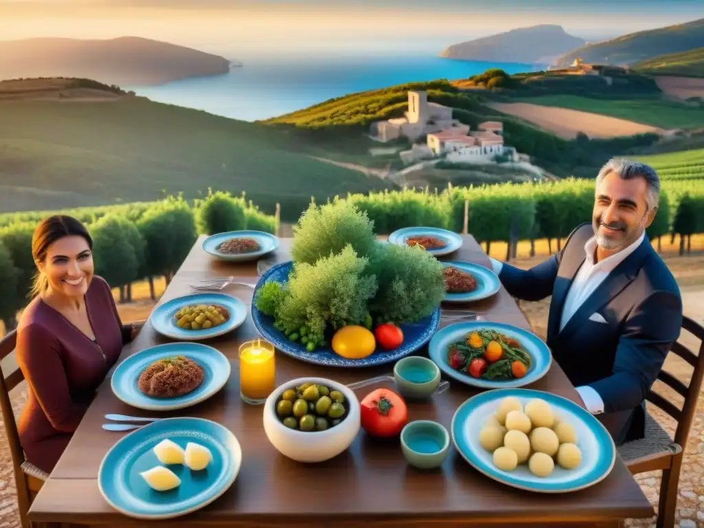 Una familia sarda disfruta de sabores ancestrales en una cena bajo el cálido atardecer mediterráneo