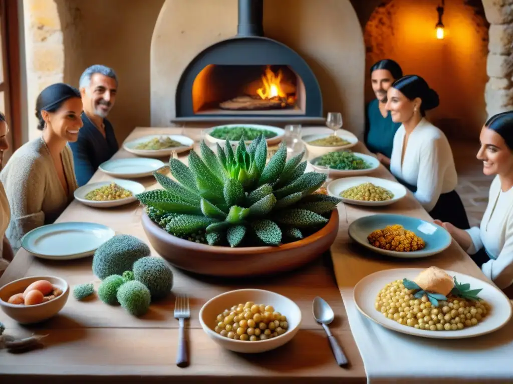 Una familia sarda disfruta de sabores ancestrales en una mesa de madera, en un ambiente cálido y acogedor