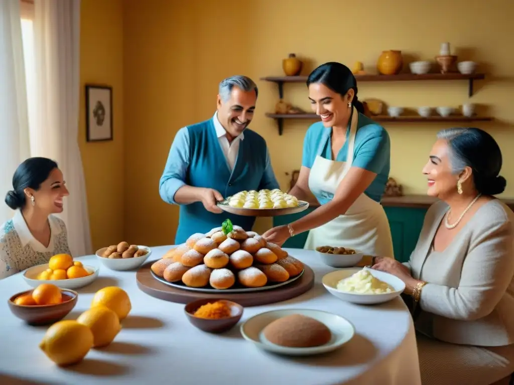 Una familia siciliana preparando cannoli juntos en una mesa grande, en un ambiente cálido y acogedor con decoración tradicional