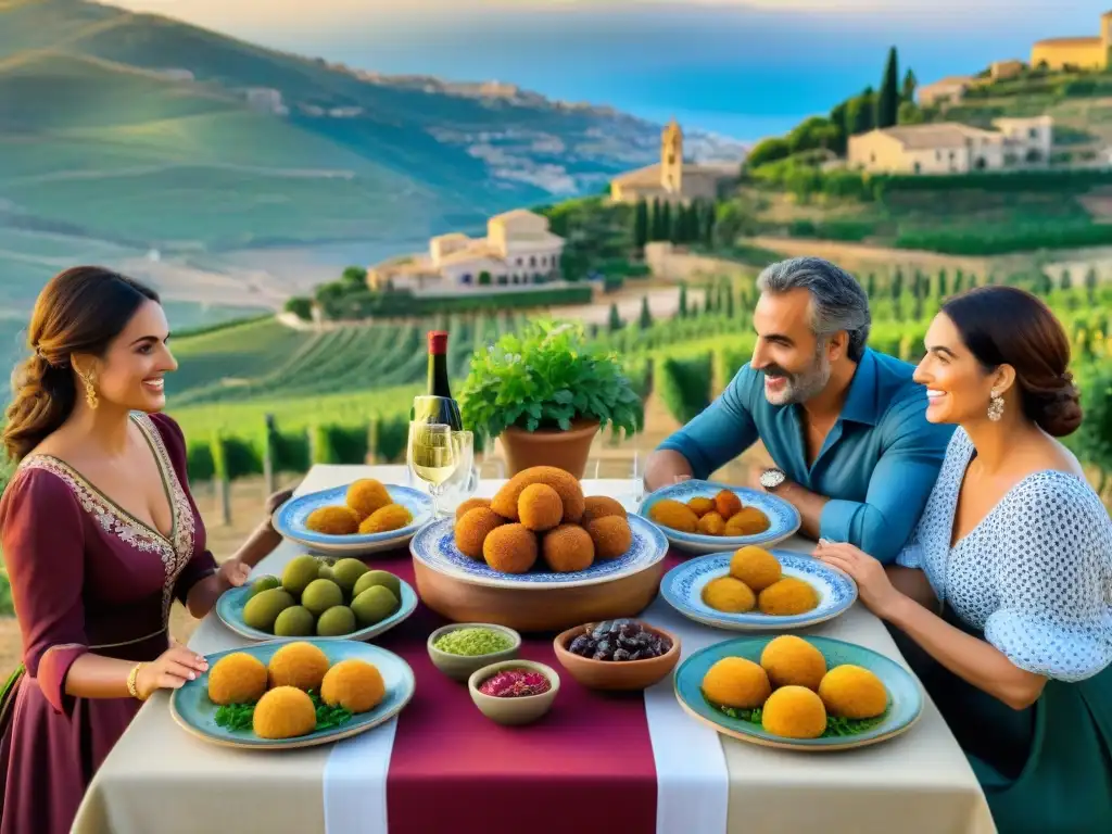 Una familia siciliana disfruta de una cena tradicional en un entorno acogedor y pintoresco