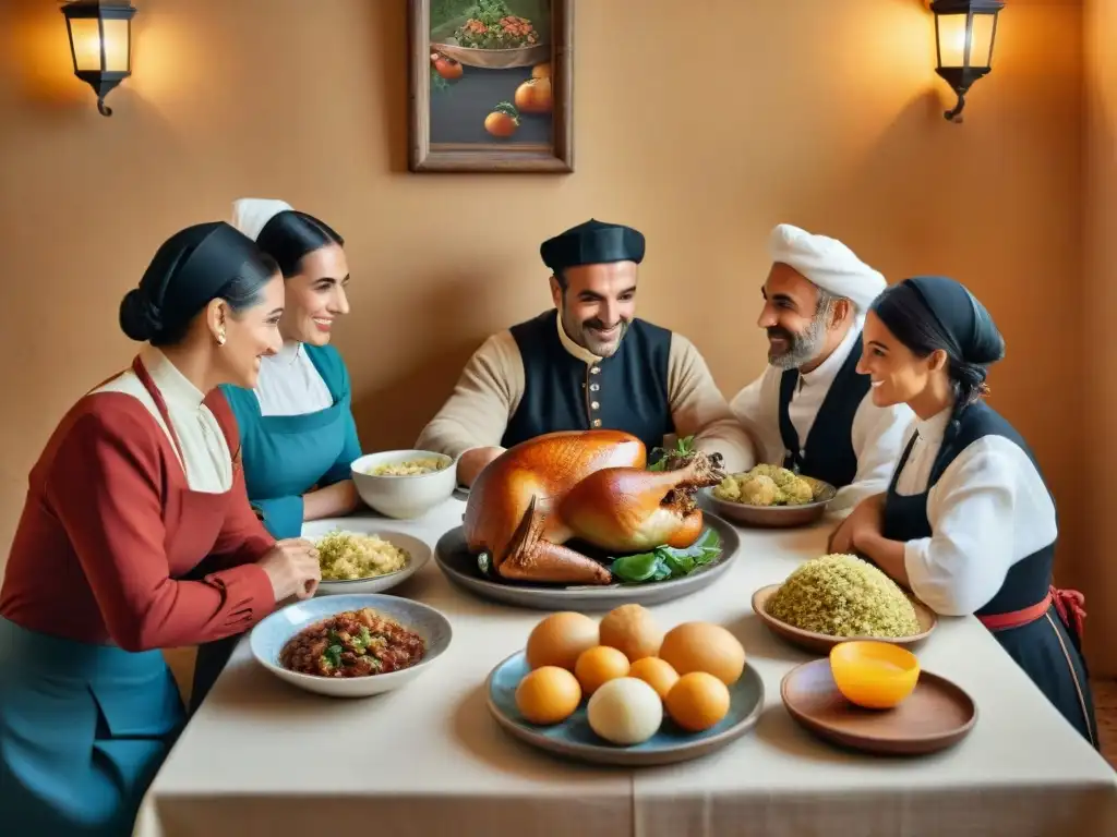 Una familia sarda tradicional disfruta de una comida, representando la evolución de la cocina italiana en islas tradicionales