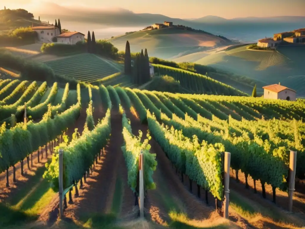 Familia vendimia uvas al atardecer en viñedo italiano en un ambiente ético y tradicional