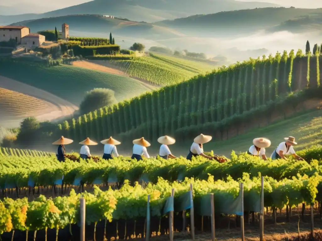 Familia de viticultores italianos cosechando uvas bajo el sol dorado de la Toscana, transmitiendo la esencia de la fermentación italiana sostenible