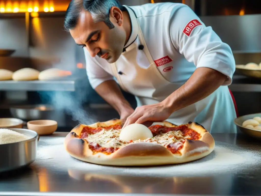 Franco Pepe creando su famosa pizza con maestría en su pizzería, demostrando su técnica impecable