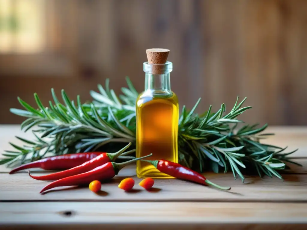 Fascinante aceite infusionado con chiles y romero en botella de vidrio sobre mesa de madera