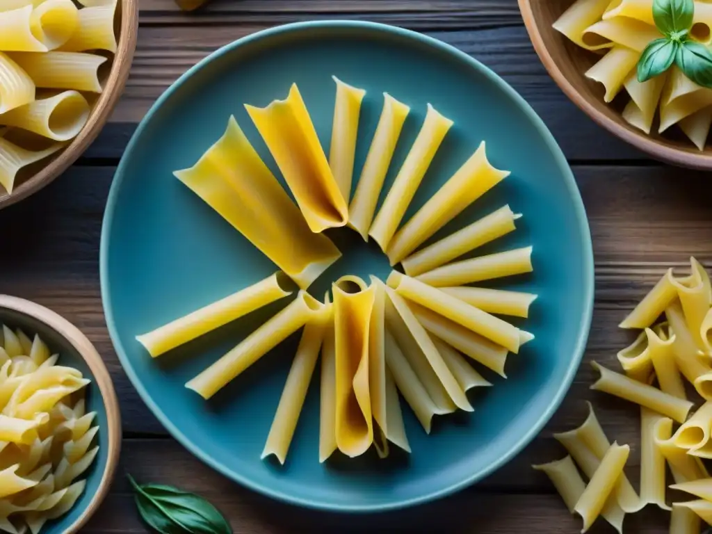Una fascinante evolución de pasta: formas, sabores y colores en pasta artesanal detallada sobre una mesa de madera rústica