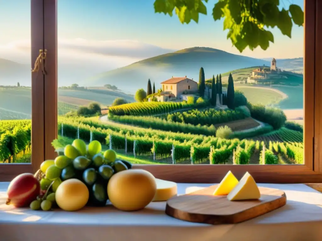 Experiencia culinaria en la campiña italiana Un festín de agroturismo en Italia: mesa rústica con productos frescos y vino local en paisaje campestre