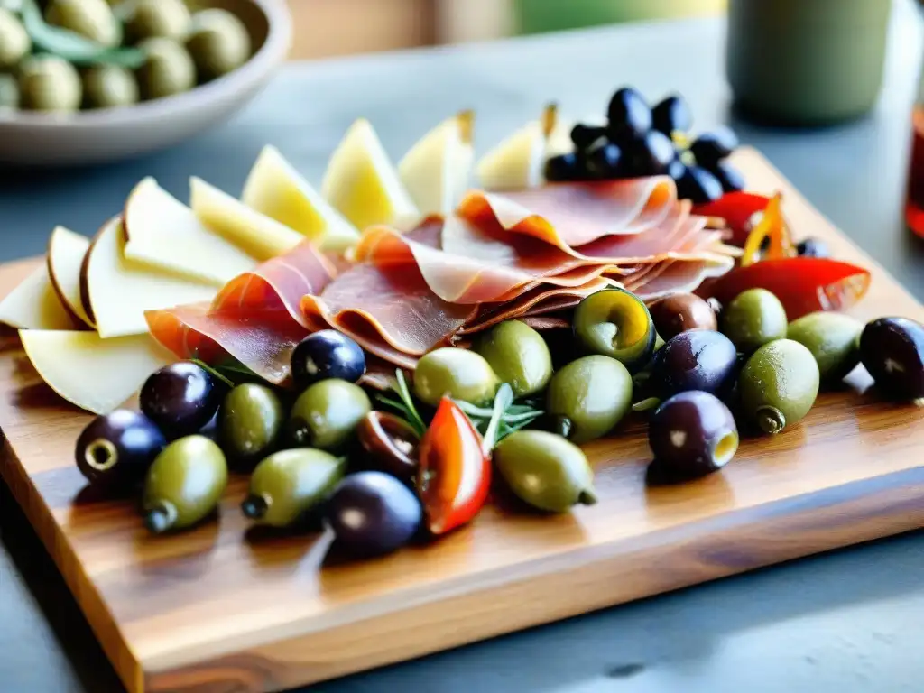 Un festín de antipasto italiano con prosciutto, queso parmesano, aceitunas, pimientos y alcachofas en una tabla rústica