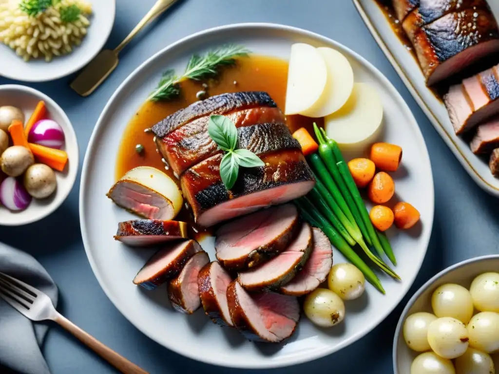 Un festín de Bollito Misto: carnes y verduras vibrantes en suculento caldo, una receta tradicional italiana