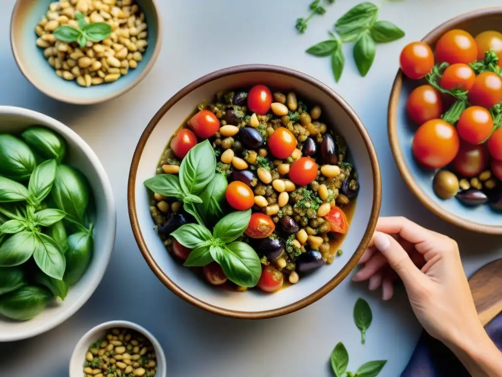 Un festín de colores y sabores: mesa rústica con ingredientes para preparar caponata siciliana vegetariana