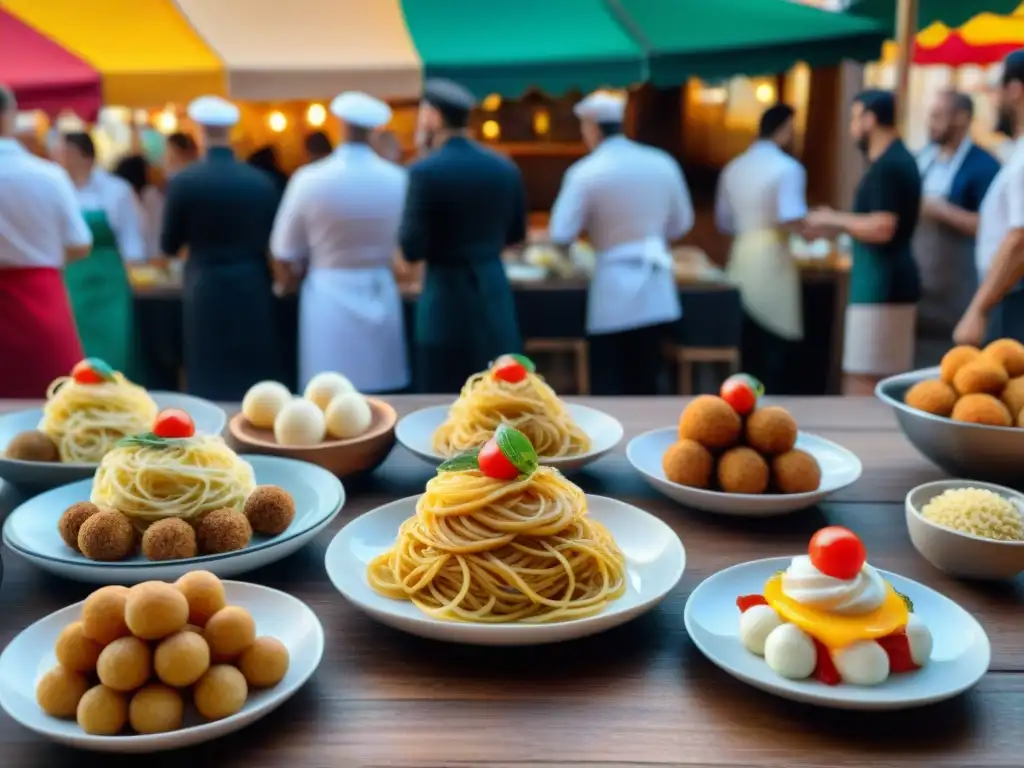 Un festín de comida italiana en un festival culinario, con platos tradicionales y chefs en acción