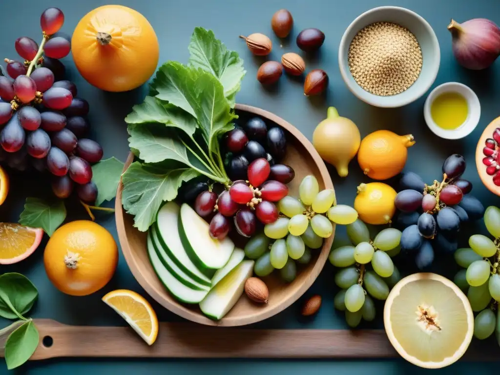 Un festín de la dieta mediterránea: frutas, verduras, granos enteros y frutos secos en una mesa rústica