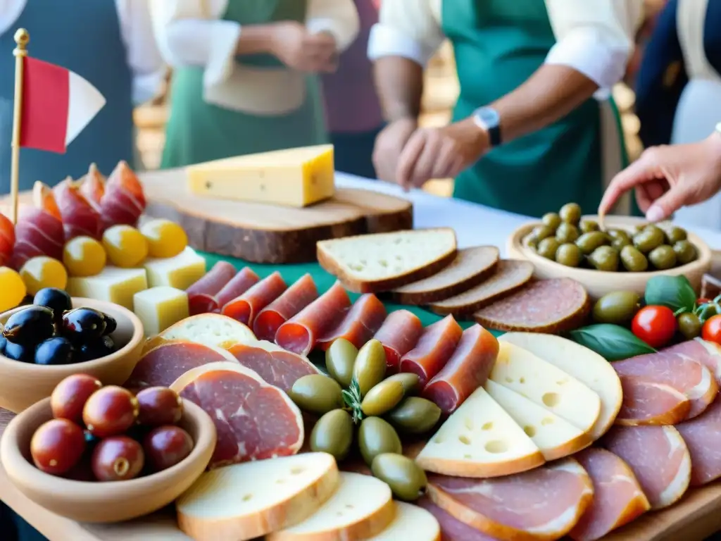 Un festín de festivales antipasto italiano tradicionales, con mesas repletas de delicias y banderas italianas ondeando