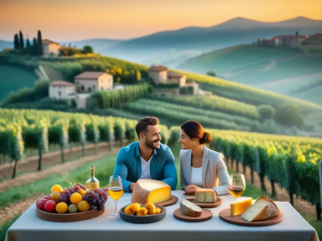 Experiencia gastronómica en la campiña italiana al atardecer Un festín gastronómico en un paisaje rural italiano al atardecer, con locales y turistas disfrutando juntos