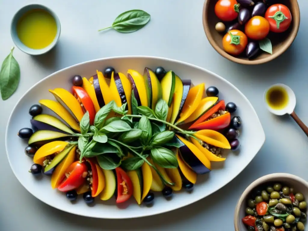 Un festín de ingredientes coloridos para Caponata Siciliana receta tradicional, sobre una mesa rústica iluminada por la suave luz natural