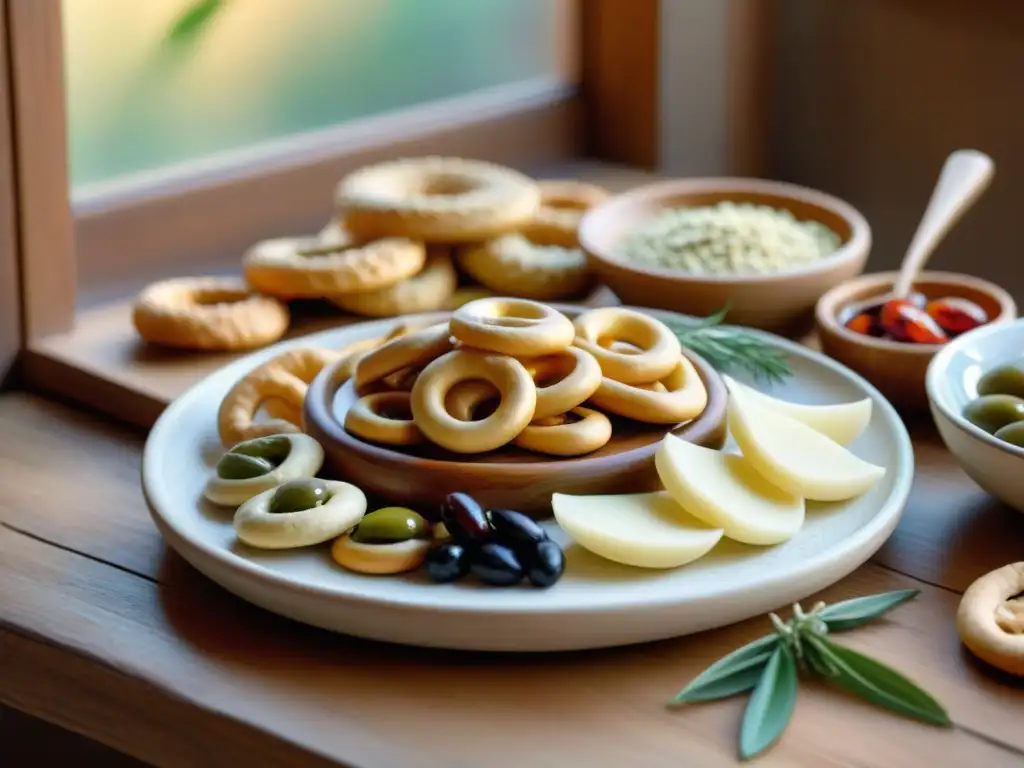 Un festín de Taralli snack italiano aperitivos en una mesa rústica, bañados por luz natural