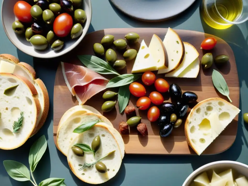 Un festín italiano en una mesa rústica: tomates secos, aceitunas, corazones de alcachofa, prosciutto, queso parmesano, albahaca y pan crujiente