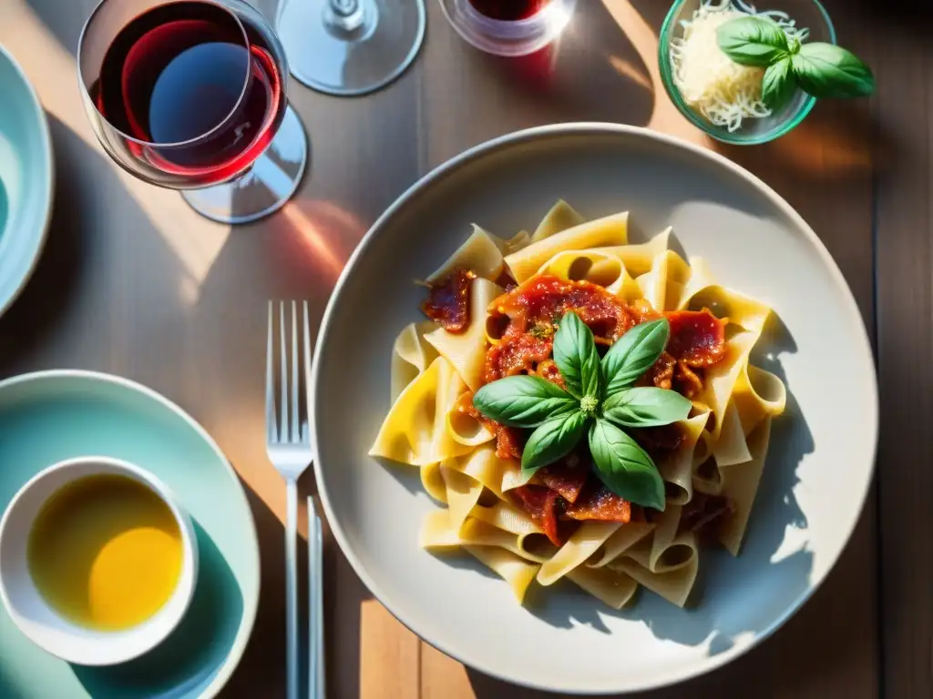 Un festín italiano: mesa rústica con variados platos de pasta y vinos, maridaje vinos pastas cocina italiana