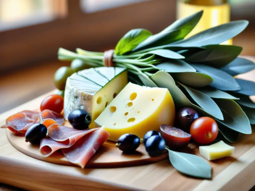 Un festín italiano perfecto: tabla de antipasto con quesos, embutidos y aceitunas en tabla de madera rústica, bañados por la luz del atardecer