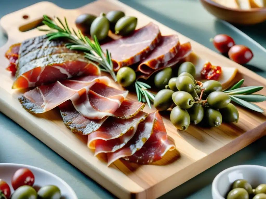 Un festín italiano en una tabla rústica de madera, con salumi premium, aceitunas verdes y tomates secos, bañados por la luz del sol