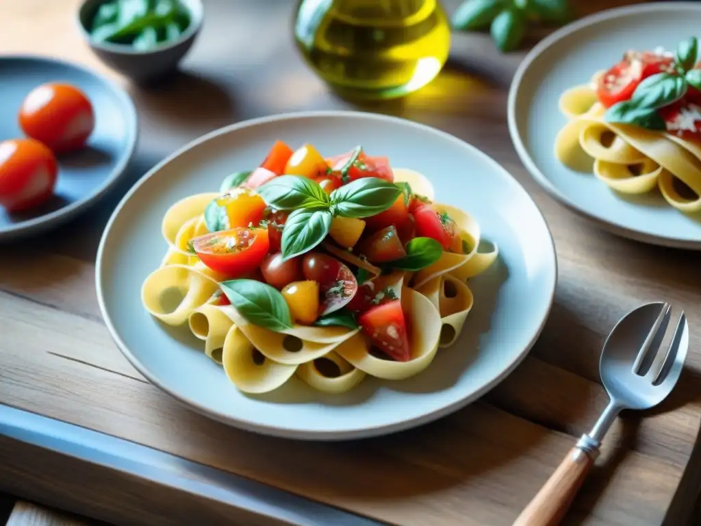 Un festín italiano vibrante en una mesa rústica con tomate, albahaca, ensaladas y pan, iluminado por la luz del sol