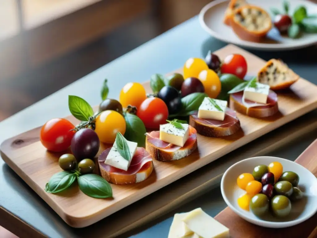 Un festín de antipasti italianos tradicionales y modernos en una mesa rústica, iluminada por la cálida luz natural