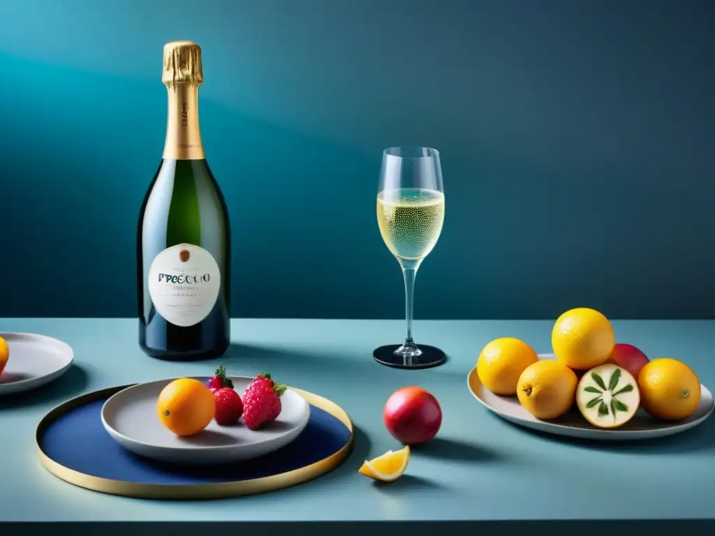 Un festín de maridajes innovadores con Prosecco: mesa elegante con cocteles creativos y coloridos, adornos frutales y aperitivos sofisticados