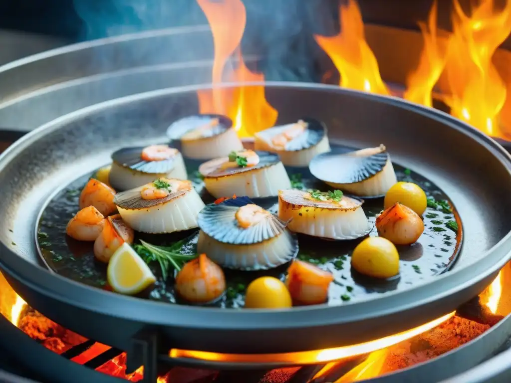 Un festín mediterráneo: Pescados y Mariscos al Horno cobran vida en el horno de leña, con llamas naranjas vibrantes y suculentos ingredientes frescos