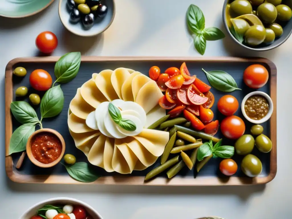 Un festín de platos italianos coloridos y vibrantes, ideal para dietas: pasta, vegetales asados, caprese, antipasti en tablas de madera