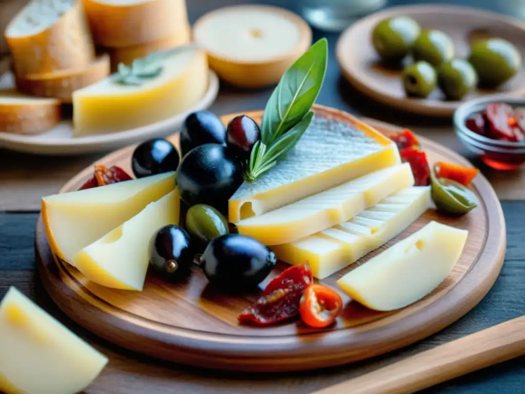 Un festín de platos italianos tradicionales con Pecorino Sardo, prosciutto, aceitunas y tomates secos, resaltando colores y texturas