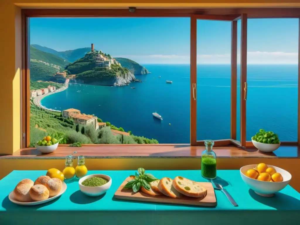 Un festín de platos típicos Liguria en una cocina italiana con vista al mar