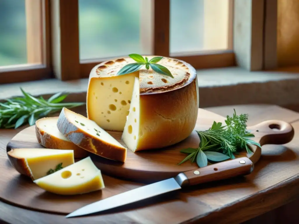 Un festín de queso Fontina en una mesa rústica con hierbas frescas y pan, bañado por la cálida luz matutina